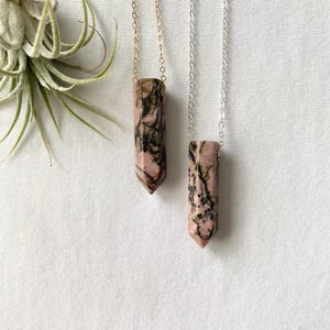 Rhodonite Point Necklace, Dainty Sterling Silver or 14K Gold Filled Necklace, Handmade Jewelry, Genuine Natural Rhodonite