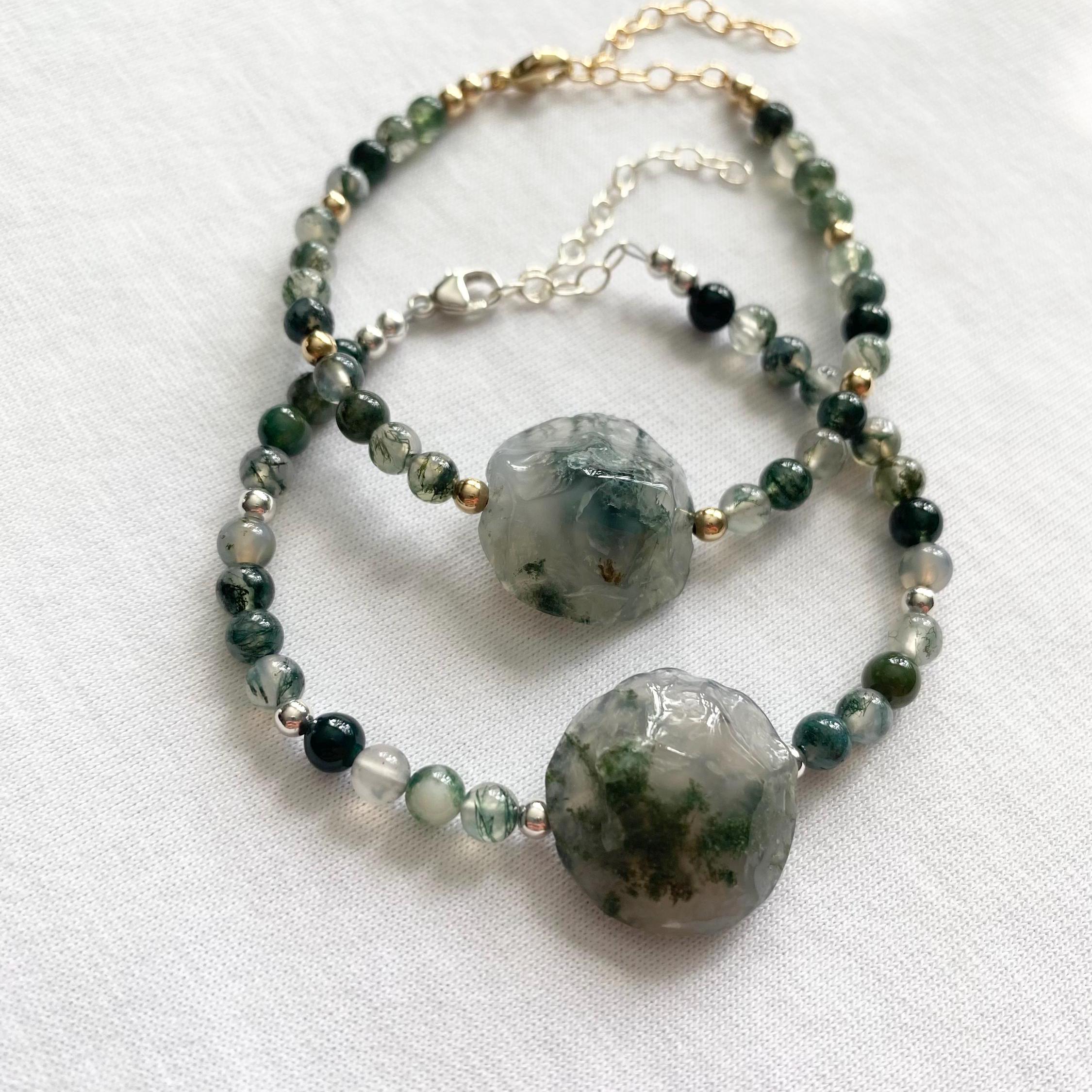 モスアゲートブレスレット、スターリングシルバーまたは14Kゴールド