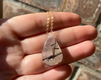 Tourmalinated Quartz Necklace, Sterling Silver or 14K Gold Filled Dainty Chain Necklace, Natural Black Tourmaline in Quartz Pendant