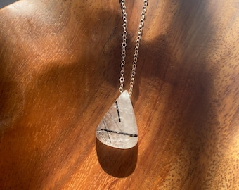Tourmalinated Quartz Necklace, Sterling Silver or 14K Gold Filled Dainty Chain Necklace, Natural Black Tourmaline in Quartz Gemstone Pendant