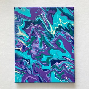 Purple And Teal Acrylic Pour On 8x10&quot; Canvas, Original Painting, Colorful Decor, Fluid Art, Abstract Painting