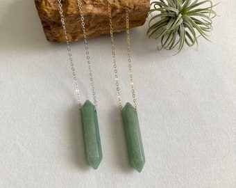 Groene aventurijnpuntketting, sierlijke sterlingzilver of 14K gold filled ketting, dubbele groene aventurijnhanger