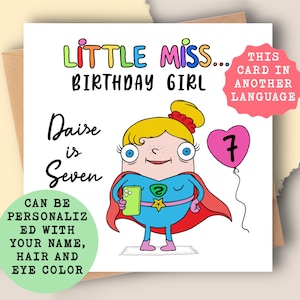 Little Miss... Biglietto di compleanno per bambina - Biglietto da supereroe per bambina - Biglietto da supereroe per bambina - Biglietto di compleanno da supereroe - Età 1,2,3,4, qualsiasi