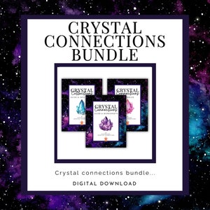 Pode incluir: Um pacote de download digital de três guias e folhas de trabalho imprimíveis sobre cristais. As capas apresentam um fundo de galáxia com um cristal no centro de cada uma. O texto nas capas diz "Crystal Connections Guide & Worksheets".