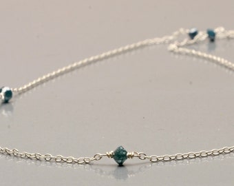 Blue Diamond Solitaire Necklace, Diamond Beads Necklace Dainty 925 Sterling Silver Chain