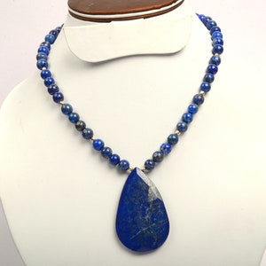 Lapis Lazuli Necklace, 8 MM beads, Round Beads Necklace, 925 Silver Lock necklace, Lapis lazuli beads, Beaded Necklace, Pear Shape Pedant