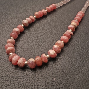 Rhodochrosite and Rose Quartz Necklace | Rondelle Beads | Natural Gemstone Beads | 16 Inch Length | 925 Silver Lock | Women Jewelry Necklace