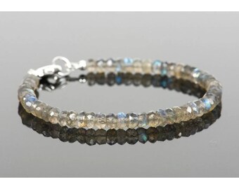 Labradorite Beaded Bracelet: Faceted Rondelle Gemstone, 925 Silver 3-4 MM