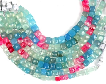 Multi Chalcedony Beads Handmade, 8 Inch Strand Cube Shape Stone Handmade Jewelry
