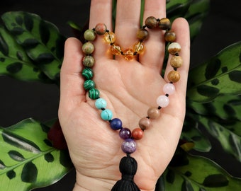 Handmade Chakra Mala Bead Necklace: Natural Healing Crystals, 27 Beads