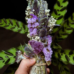 Jumbo 22 Inches WEDDING SAGE Wedding Ceremony Cleansing Sage with Thistle and Natural Amethyst Crystal 50 shades of purple