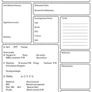 Peut inclure: Un planificateur blanc intitulé "My Critical Care Shift Planner". Il comprend des sections pour les informations sur le patient, les antécédents médicaux, les examens et une liste de tâches. Destiné aux professionnels de la santé.