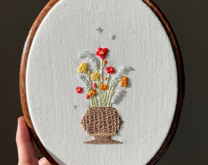 Hand Embroidered Wild Flowers in Basket | Framed Hoop Wall Art | Finished Embroidery
