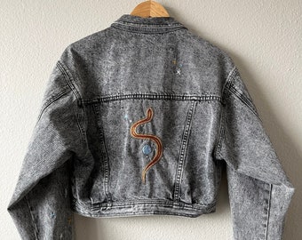 Snake Embroidered Acid Wash Denim Jacket | Upcycled | Size US Large | Womens | Cropped Jacket