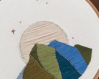 Hand Embroidered Mountain & Moon | Framed Hoop Wall Art | Finished Embroidery