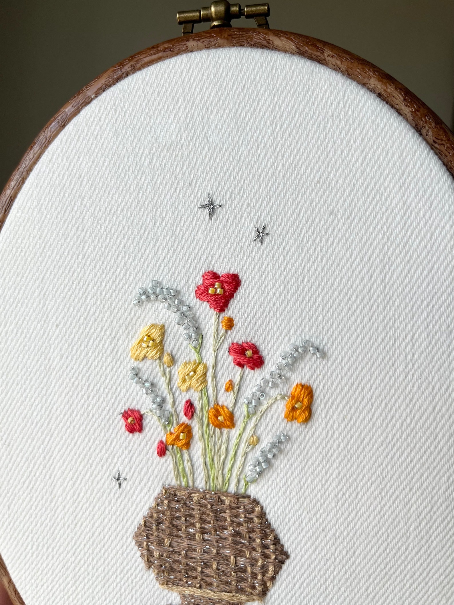 Hand Embroidered Wild Flowers in Basket | Framed Hoop Wall Art ...
