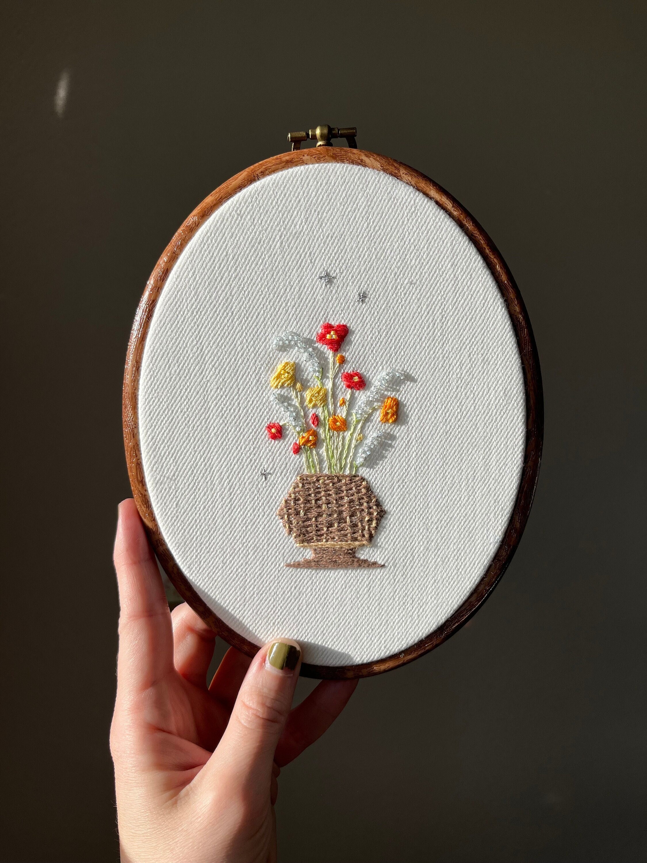 Hand Embroidered Wild Flowers in Basket | Framed Hoop Wall Art ...