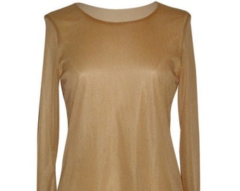 May include: A long-sleeved, tan-colored top with a round neckline. The sheer fabric has a subtle sheen. The sleeves are long and fitted, and the hemline is straight. This top is suitable for layering or as a standalone garment.