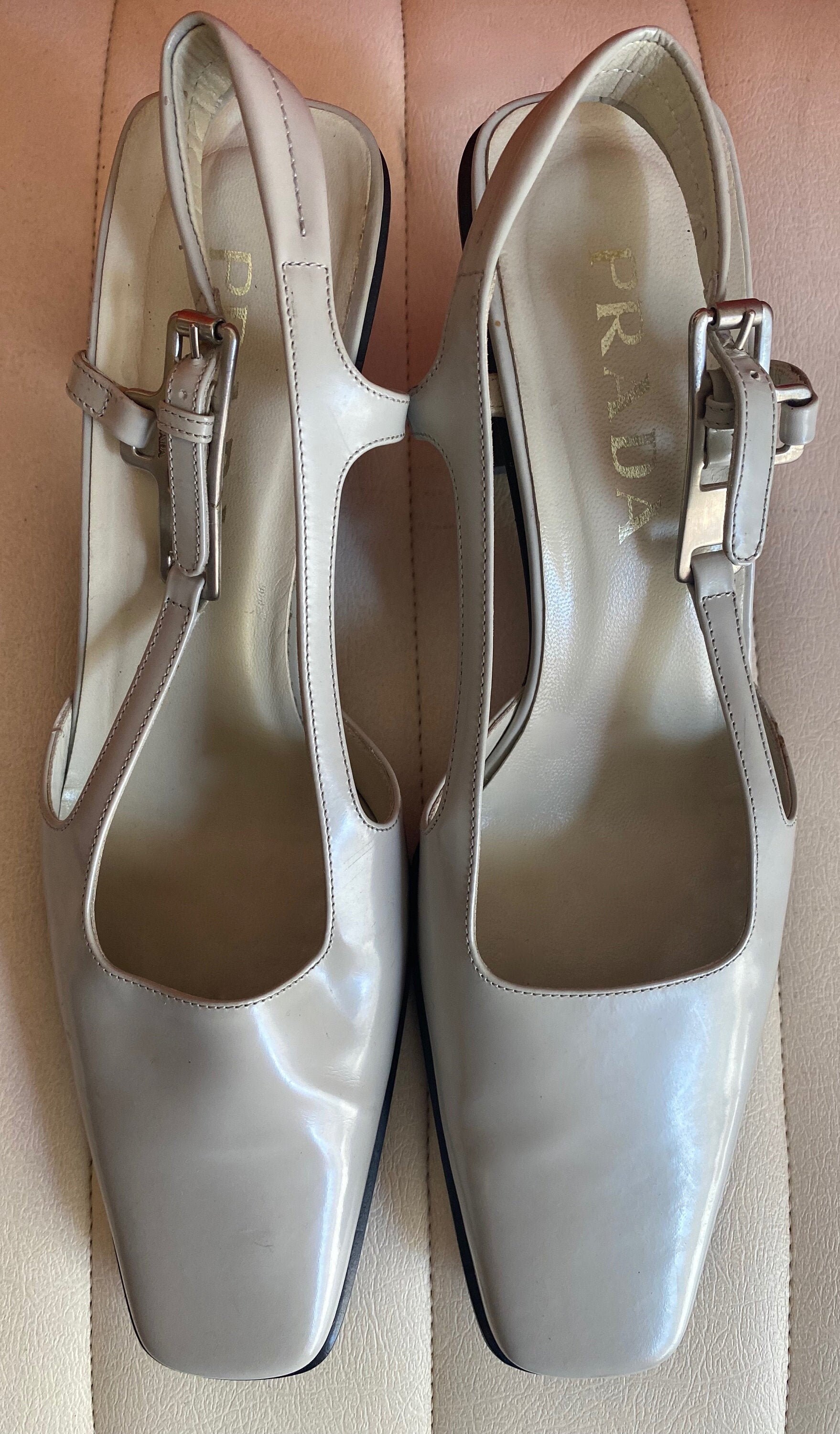prada tobacco capretto sandals Lamina - Metallic Sandals, Shoes - PRA259096 tapered silhouette is characterized by the square toe and medium stiletto heel Vintage Prada Capretto Fume Metallic