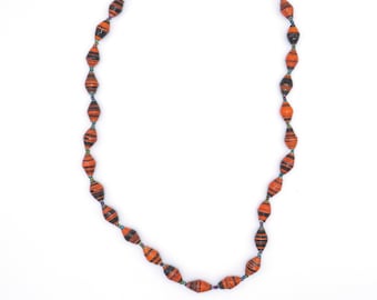 Women's Beaded Necklace - Orange and True Blue Bead Necklace - Handmade Recycled Paper Necklace