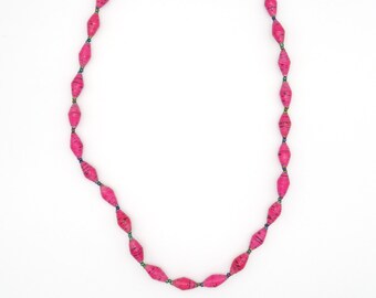 Women's Beaded Necklace - Hot Pink Bead Necklace - Handmade Recycled Paper Necklace