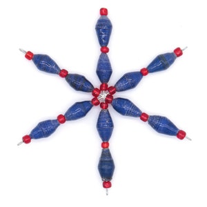 Blue & Red Handmade Beaded Christmas Ornament - Star Ornament Made from Recycled Paper - Star Ornament