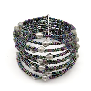 Silver Beaded Cuff Bracelet - Women&#39;s Handmade Beaded Bracelet - Recycled Paper Bracelet