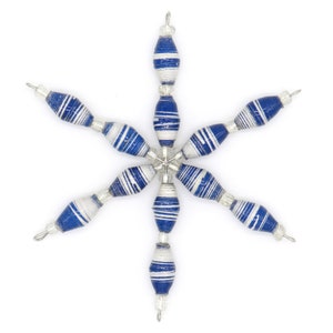 Blue & White Striped - Handmade Beaded Christmas Ornament - Handmade Snowflake Ornament Made from Recycled Paper - Star Ornament
