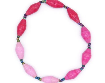 Sombras de rosa y rojo con cuentas pulsera - pulsera elástica - pulsera de papel reciclado - pulsera hecha a mano