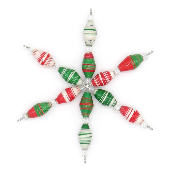 Handmade Christmas Beaded Ornament - Red White & Green - Handmade Star Ornament Made from Recycled Paper - Star Ornament