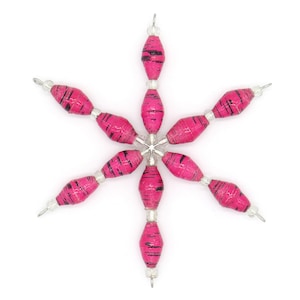 Handmade Beaded Christmas Star Ornament - Hot Pink & White - Handmade Ornament Made from Recycled Paper - Star Ornament