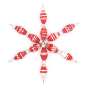 Red & White Striped - Handmade Beaded Christmas Star Ornament - Handmade Ornament Made from Recycled Paper - Star Ornament