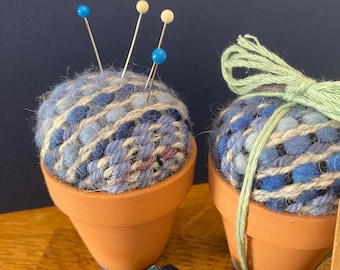 Blue Plant Pot Pincushion: Handwoven Needle Minder