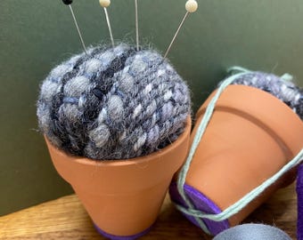 Plant Pot Pincushion: Grey Needle Minder, Sewing Pins Cushion