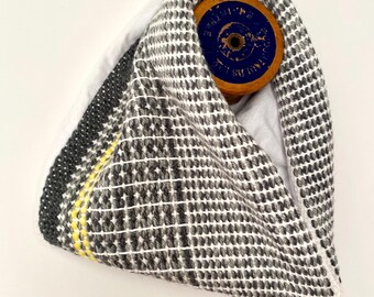 Handwoven Wool Neck Warmer: Grey, White & Yellow - Brushed Cotton Lined