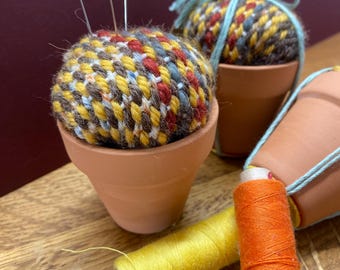Plant Pot Pincushion: Handwoven Needle Minder, Terracotta Base