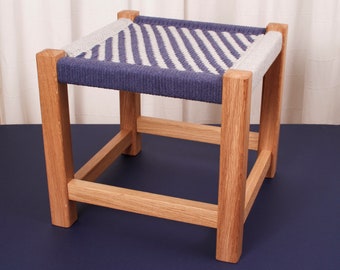 Handwoven Oak Foot Rest: Blue Recycled Cotton Cord Footstool