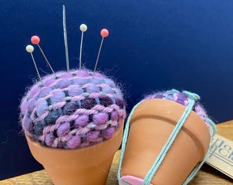 Plant pot Pincushion, mini needle minder, sewing and embroidery pins and needles cushion.