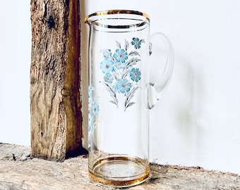 Vintage Decorative Jug / Large Glass Jug / Cocktail Pitcher or Water Pitcher / Mid Century Glassware / Vintage Bar Ware / Blue Cornflower