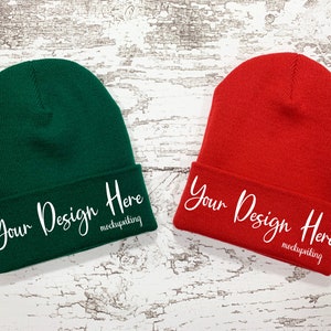 Green and Red Beanie Mockup - Blank Beanie Flat Lay - Cuffed Beanie Mock Up - Stock Photo, Custom Embroidery Beanie Mock-Up, Fall Winter Hat