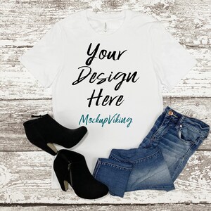 Bella Canvas 3001 Mockup - White T-Shirt Mock-Up - Blank White Flat Lay -  White Wood Background - Unisex Tee Mock up Digital Download