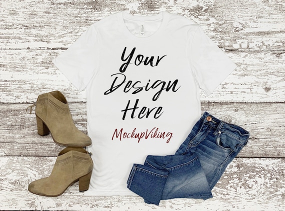 Bella Canvas 3001 Mockup - White T-Shirt Mock-Up - Blank White Flat Lay -  White Wood Background - Unisex Tee Mock up Digital Download