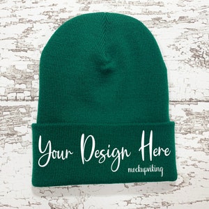 Green Beanie Mockup - Blank Beanie Flat Lay - Cuffed Beanie Mock Up - Stock Photography - Custom Embroidery Beanie Mock-Up - Fall Winter Hat