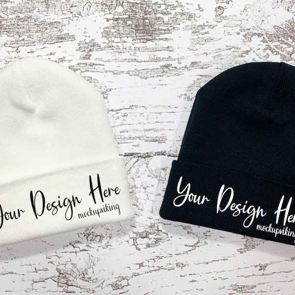 White and Black Beanie Mockup, Blank Beanie Flat Lay, Cuffed Beanie Mock Up - Stock Photo, Custom Embroidery Beanie Mock-Up, Fall Winter Hat