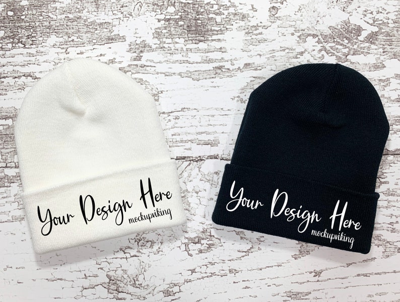 Download White and Black Beanie Mockup Blank Beanie Flat Lay Cuffed | Etsy