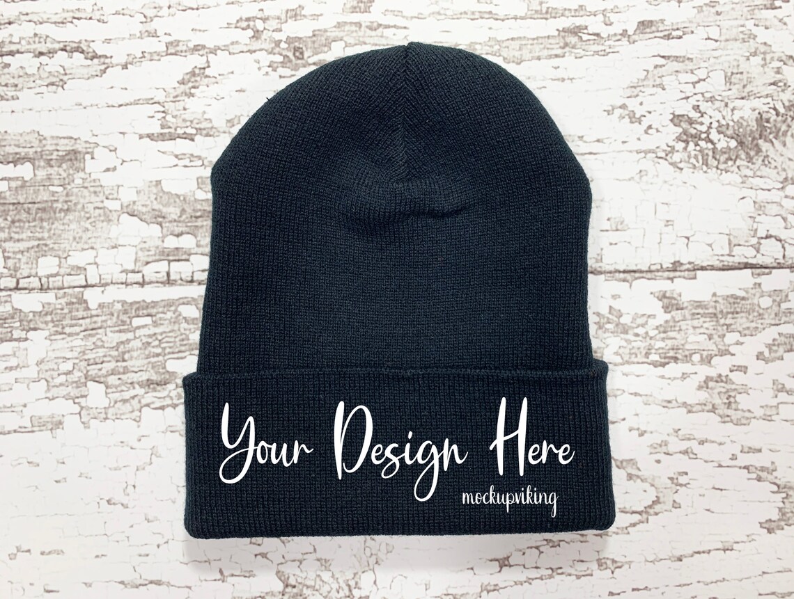 Black Beanie Mockup, Blank Beanie Flat Lay, Cuffed Beanie Mock up Stock