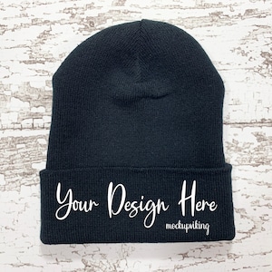 Black Beanie Mockup, Blank Beanie Flat Lay, Cuffed Beanie Mock Up - Stock Photo, Custom Embroidery Beanie Mock-Up, Fall Winter Hat