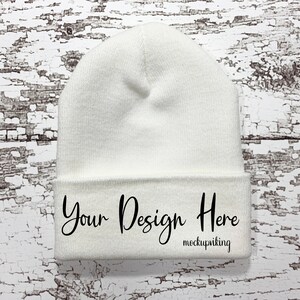 White Beanie Mockup - Blank Beanie Flat Lay - Cuffed Beanie Mock Up - Stock Photography - Custom Embroidery Beanie Mock-Up - Fall Winter Hat