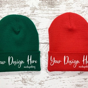 Green and Red Beanie Mockup - Blank Beanie Flat Lay - Cuffed Beanie Mock Up - Stock Photo, Custom Embroidery Beanie Mock-Up, Fall Winter Hat
