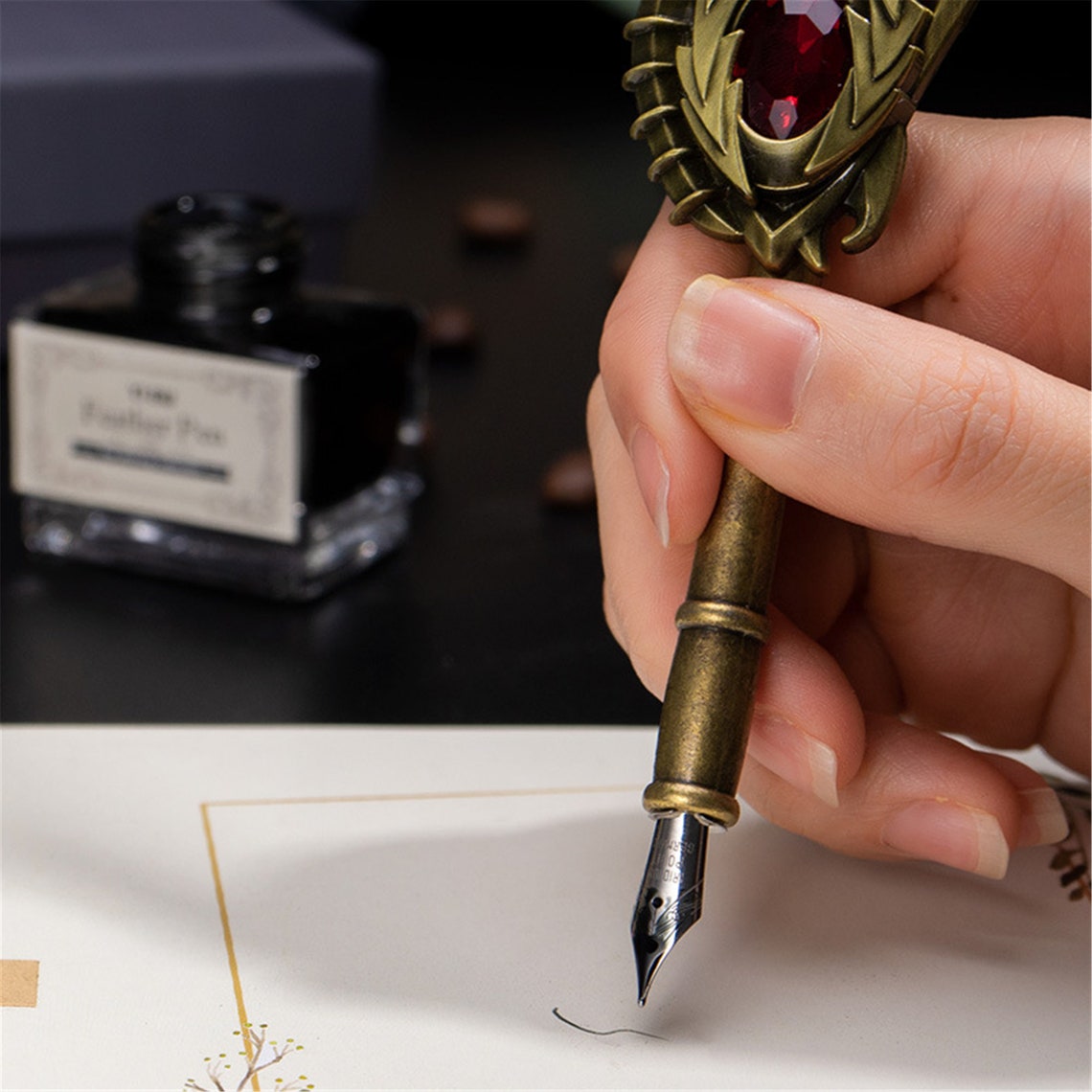 Feather Calligraphy Pen and Ink Set Vintage Dip Quill Pen Etsy